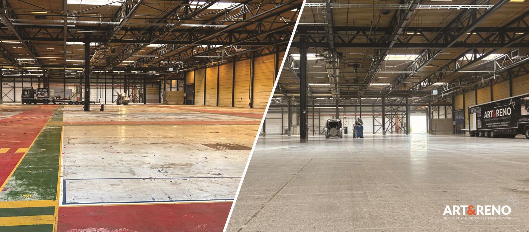 Oude Werkplaats in Genk - Een oplossing voor een verslechterde vloer - Voor en na betonvloer renovatie - Art & Reno