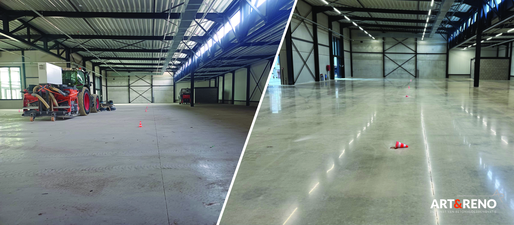 Onderhoudsvriendelijke en stofvrije vloer voor Aveve De Schutter - Voor en na betonvloer renovatie - Art & Reno
