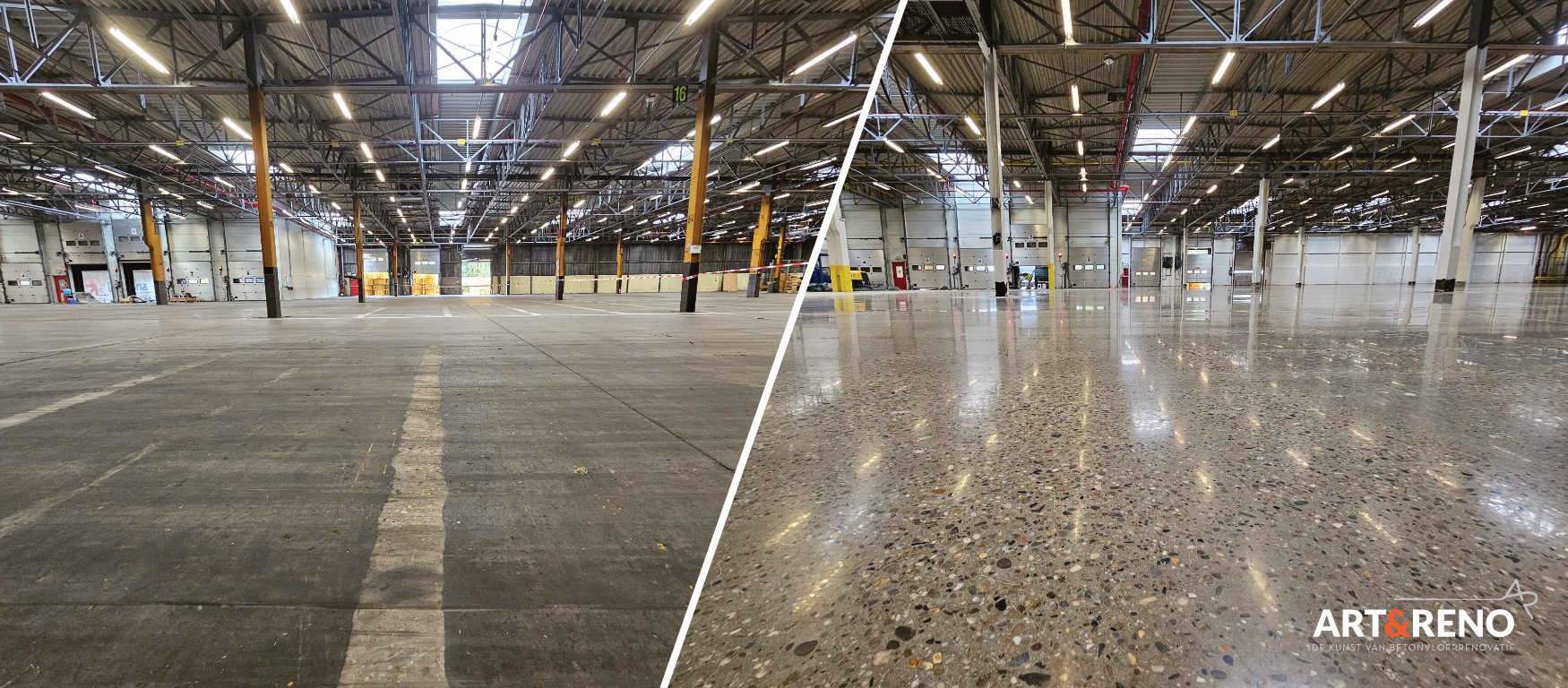 Caterpillar Grimbergen - Voor en na betonvloer renovatie - Art & Reno